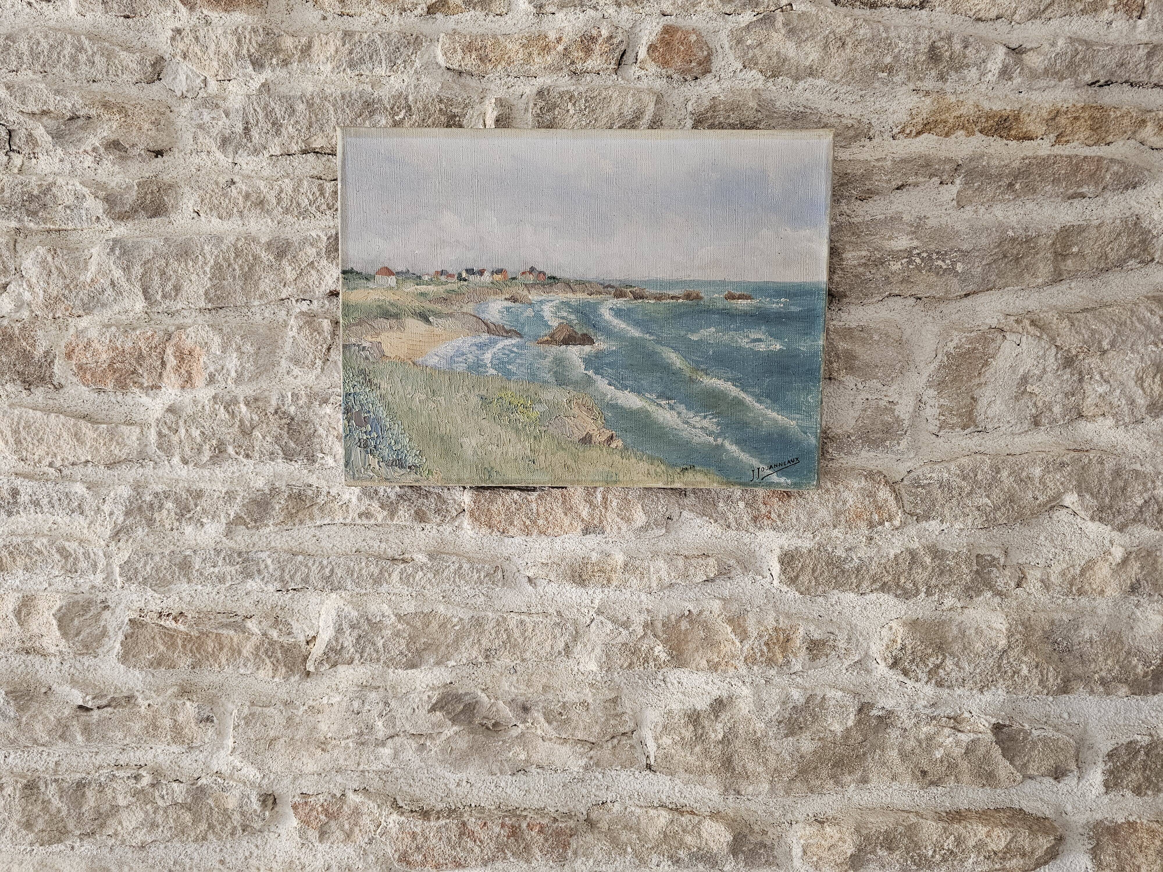 Tableau Oil on canvas - Atlantic coast landscape Cliffs signed Jouannea