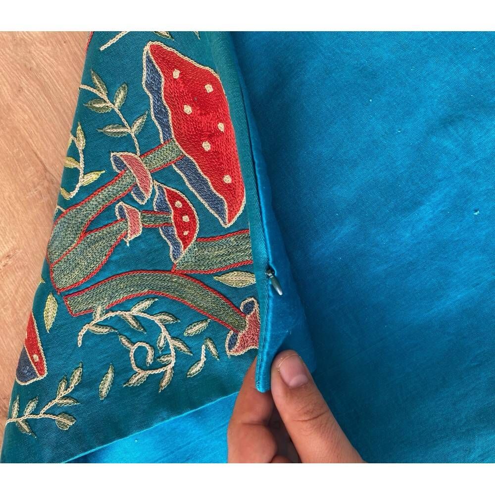 Silk Embroidered Mushroom Pattern Cushion Cover. Blue Throw Pillow Case. Traditional Accent Pillow