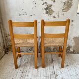 Pair of straw and pine chairs, mountain furniture