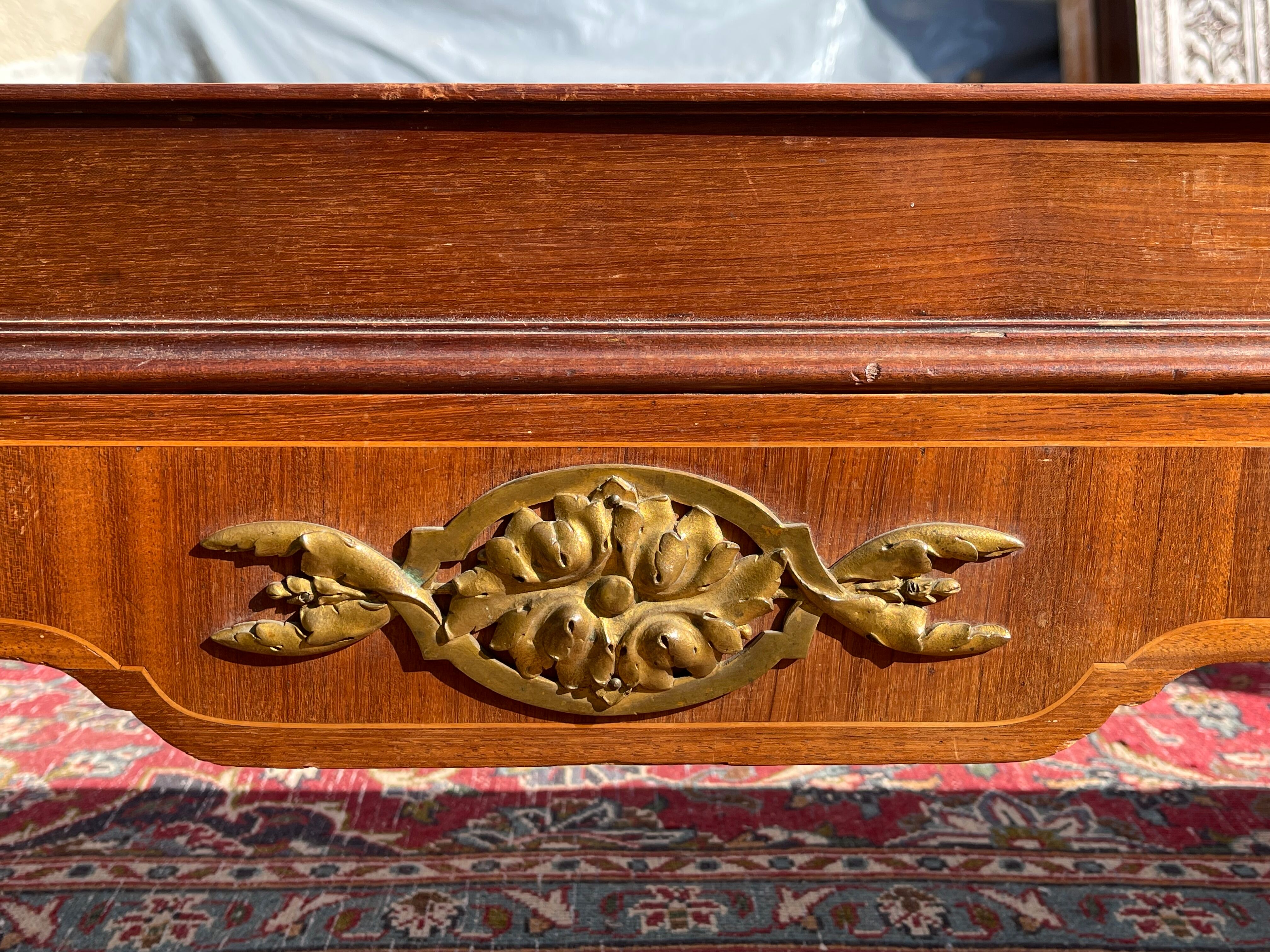 Louis XVI style marquetry & bronze bed and bedside table