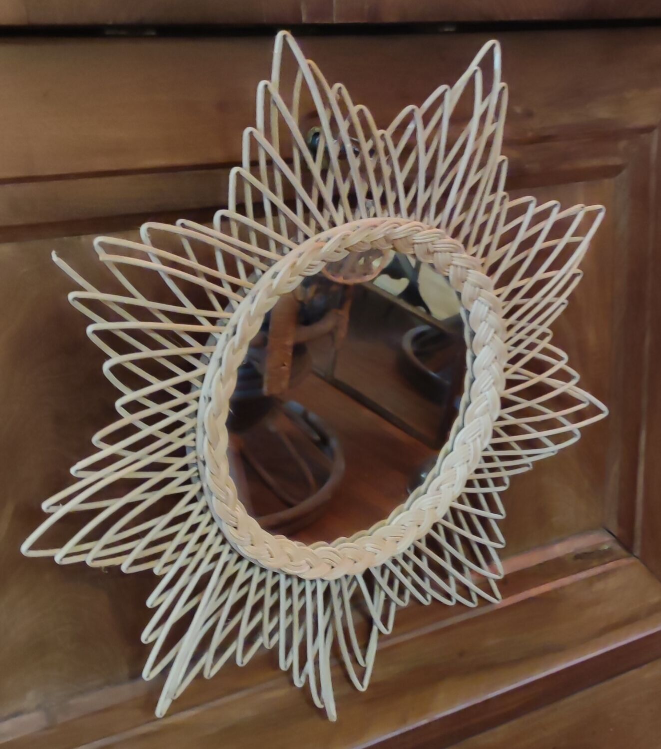 Vintage rattan sun mirror, 51 cm