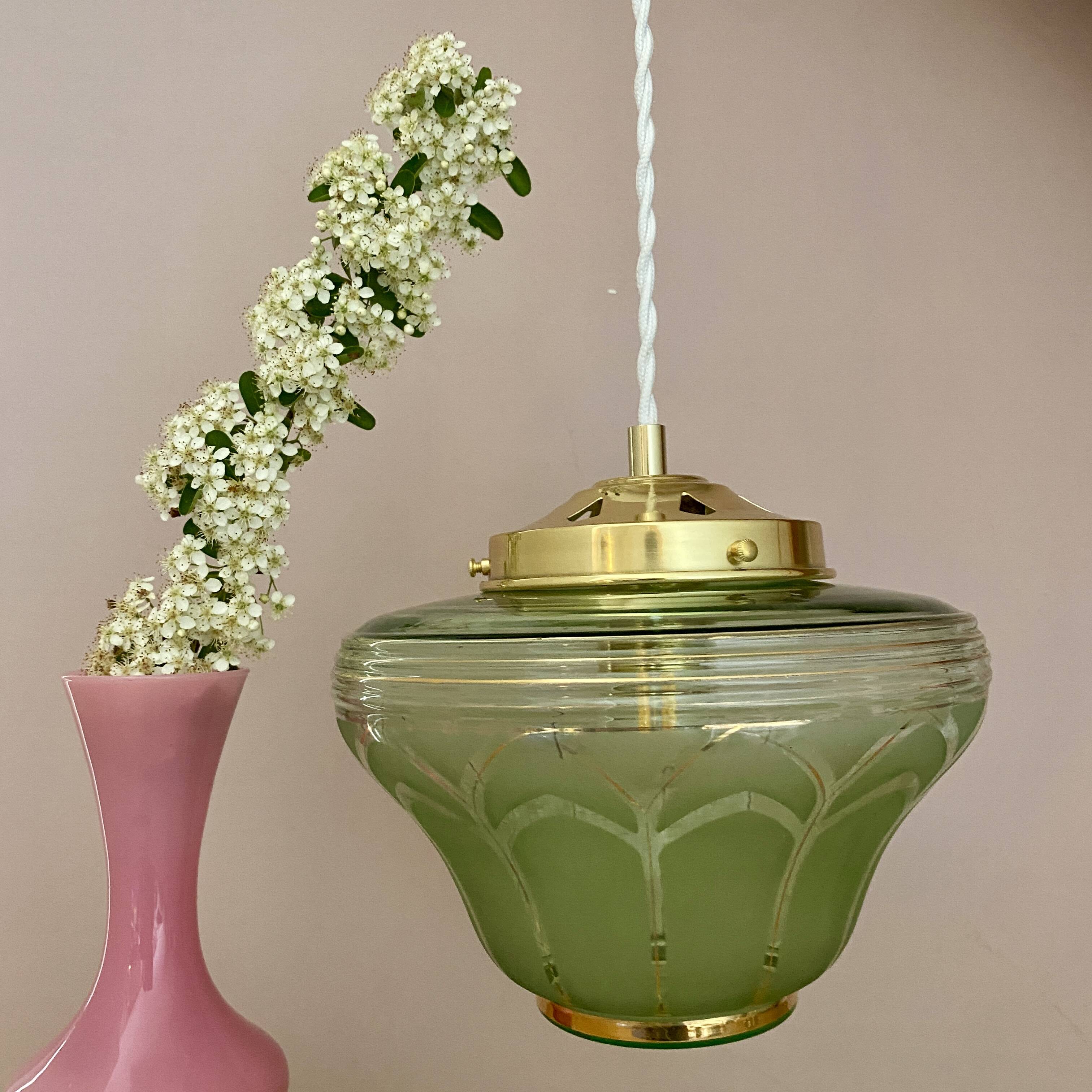 Vintage art deco globe pendant light in green and gold frosted glass