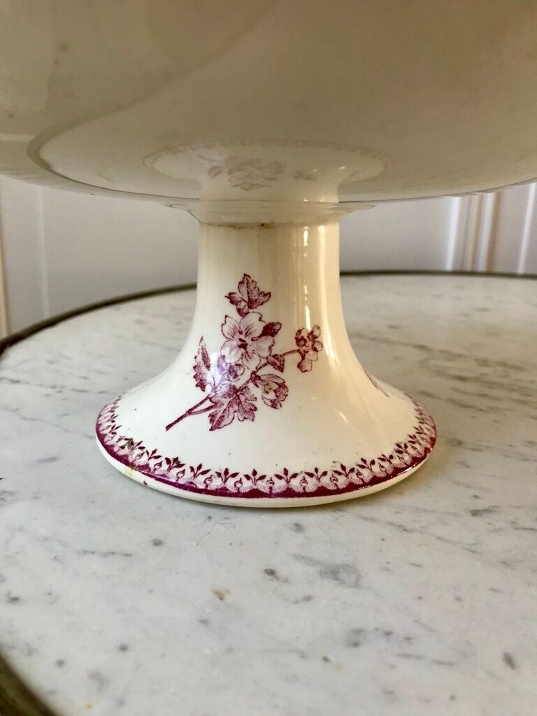 Compotier high in Terre de Fer Longwy model "Mésange" pink 1880 - XIXth