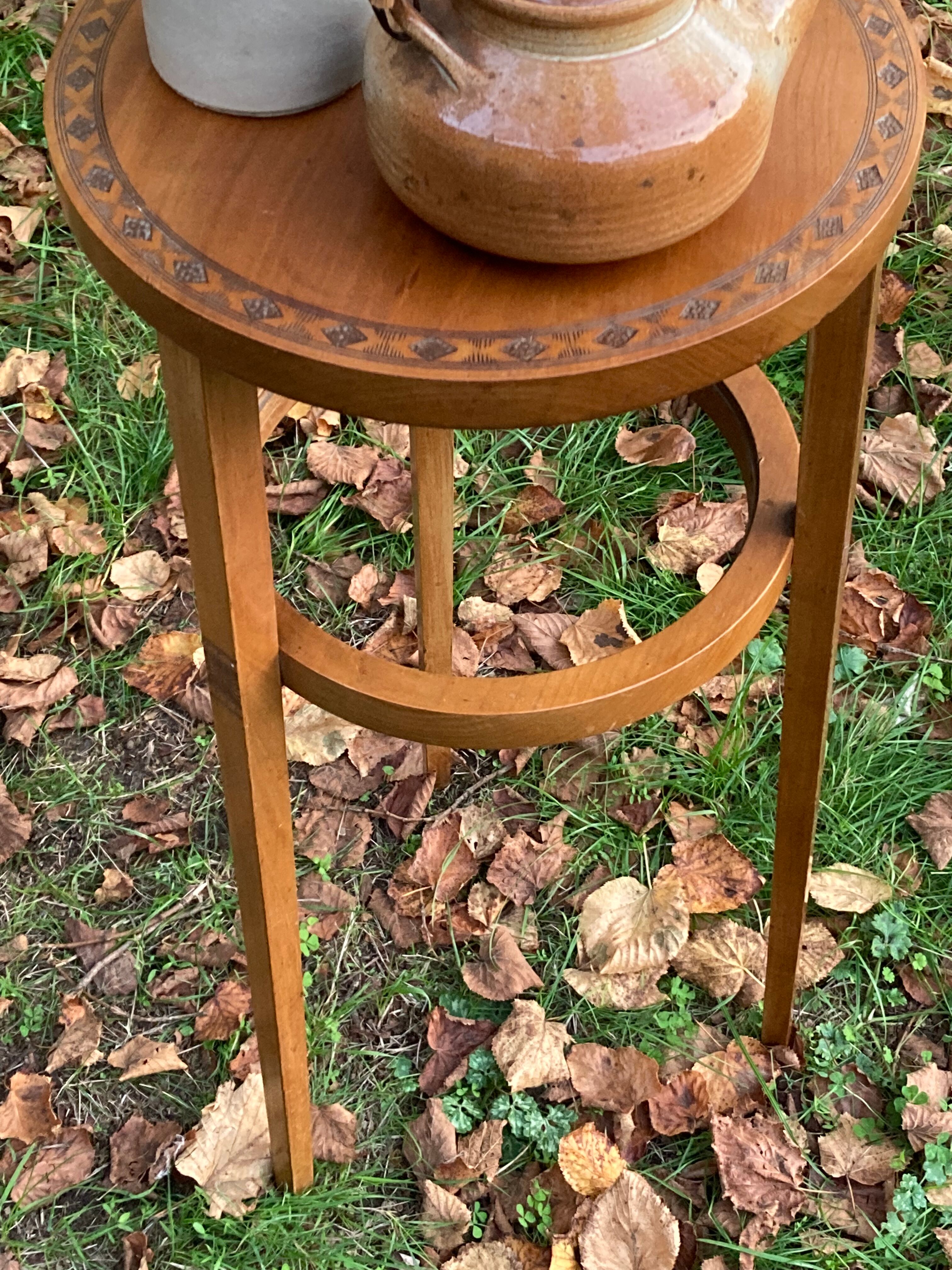 Art Deco Wooden Pedestal Table Carved with Star / Antique Side Table 1930