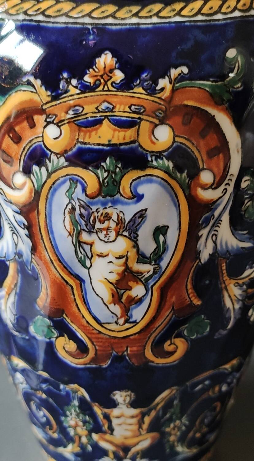 Twisted design vase. Signed Gien France/Renaissance blue background 26 x 13cm