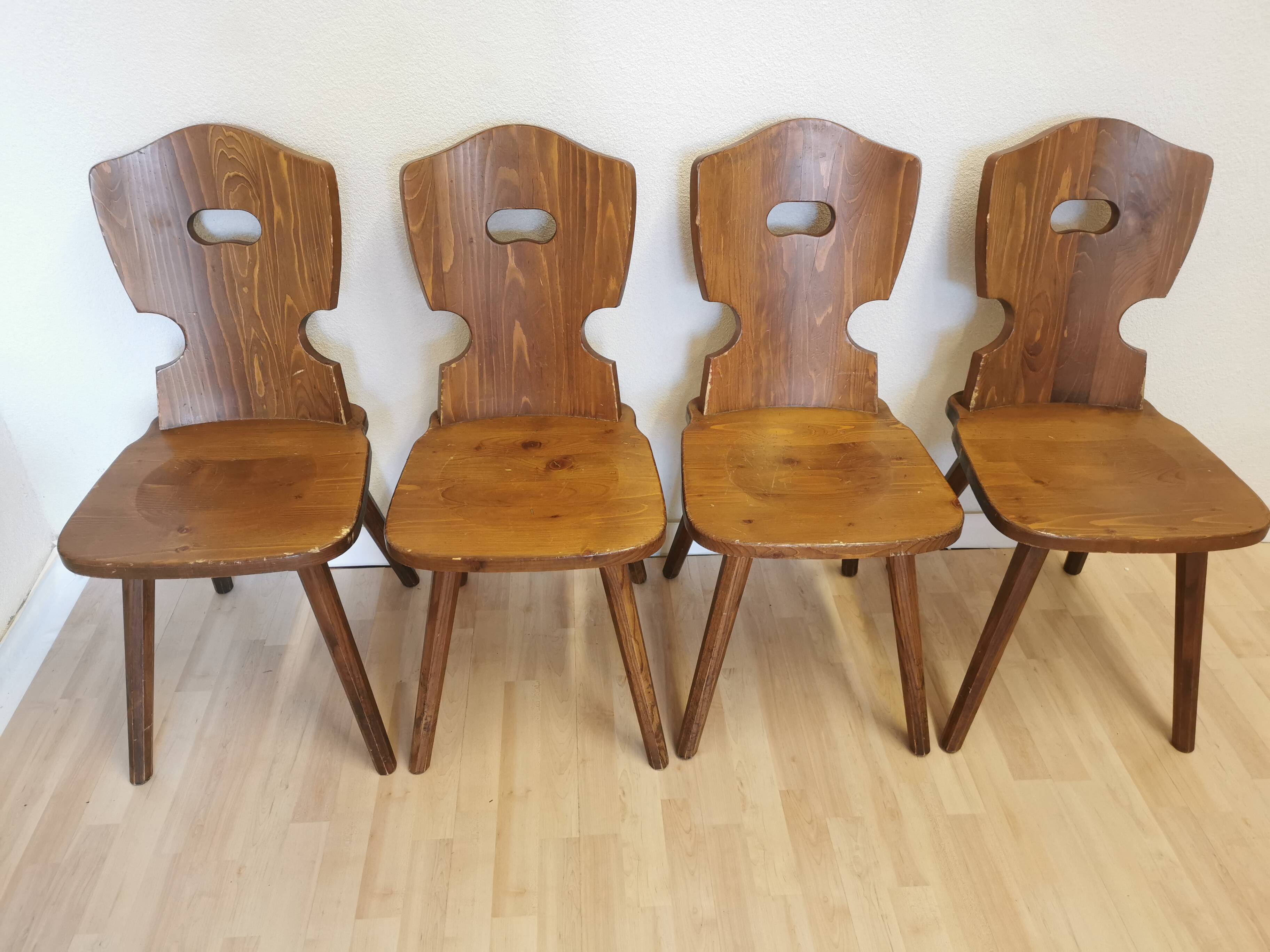 Vintage Tyrolean Wooden Dining Chairs - 1970s Farmhouse Style - Set of 4