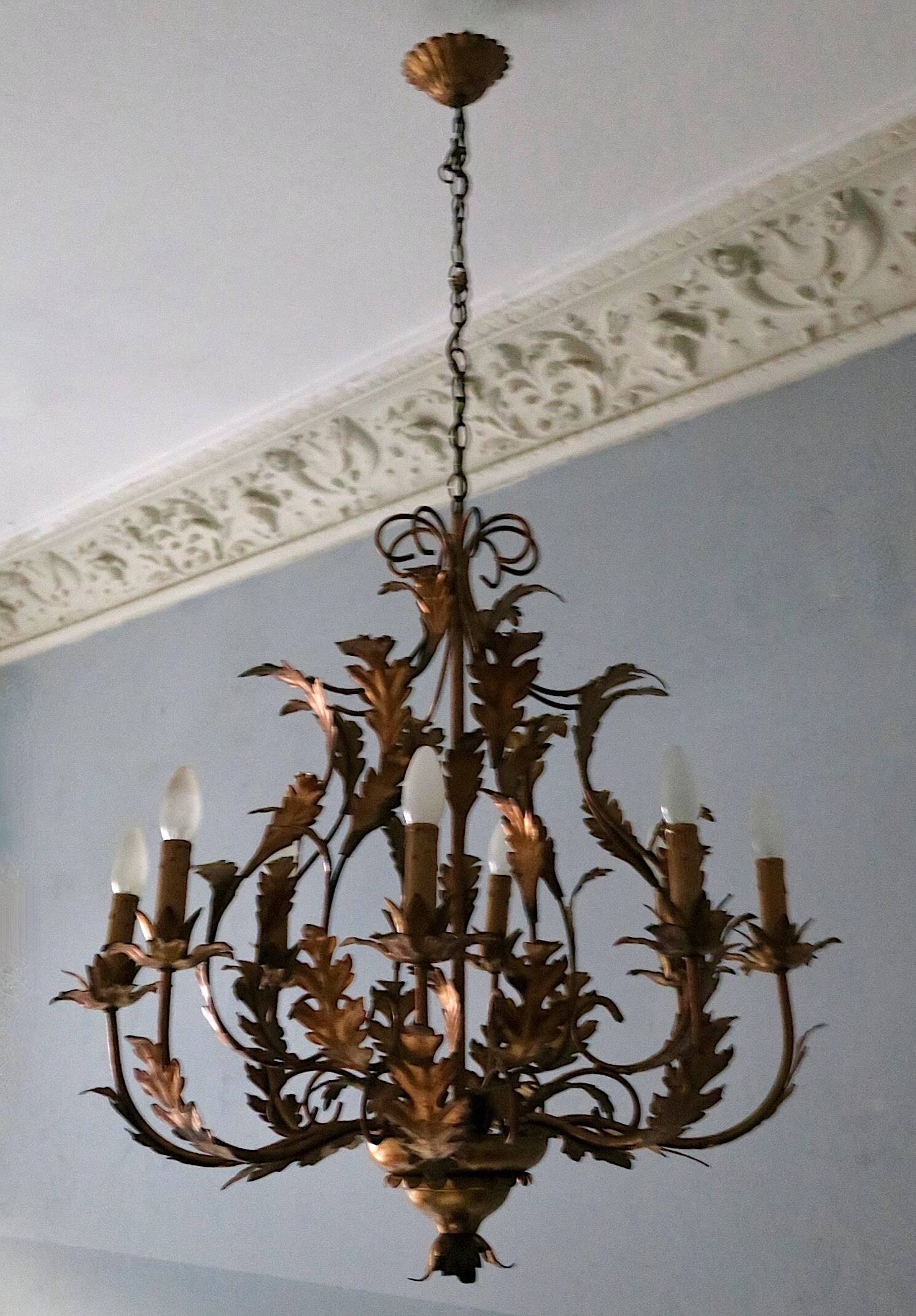 Large mid century patinated gilt tole 8-light chandelier, Hans Kögl, 1960s