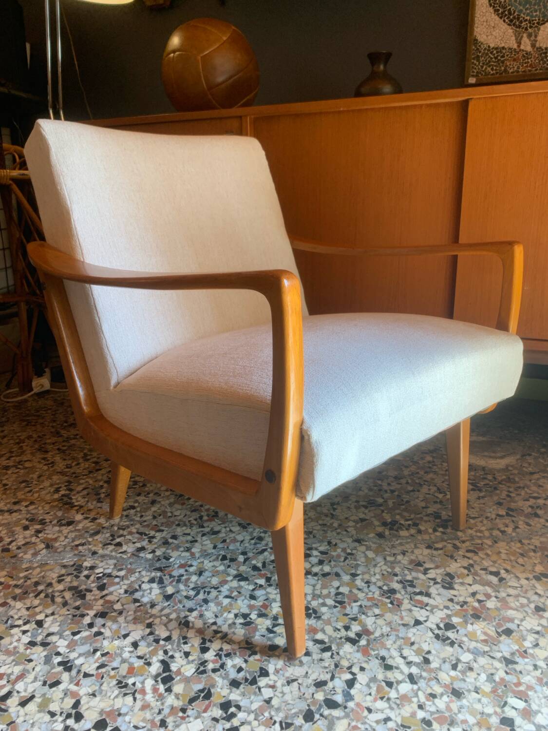 Fauteuil vintage bois et tissu