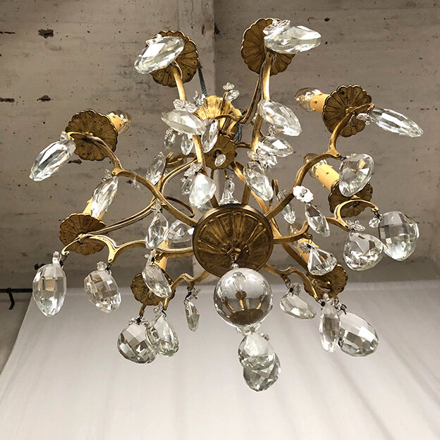 Gilded brass cage chandelier and glass tassels