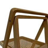 set of four mid century modern folding chairs, wood and webbing chair, italy 1970s design