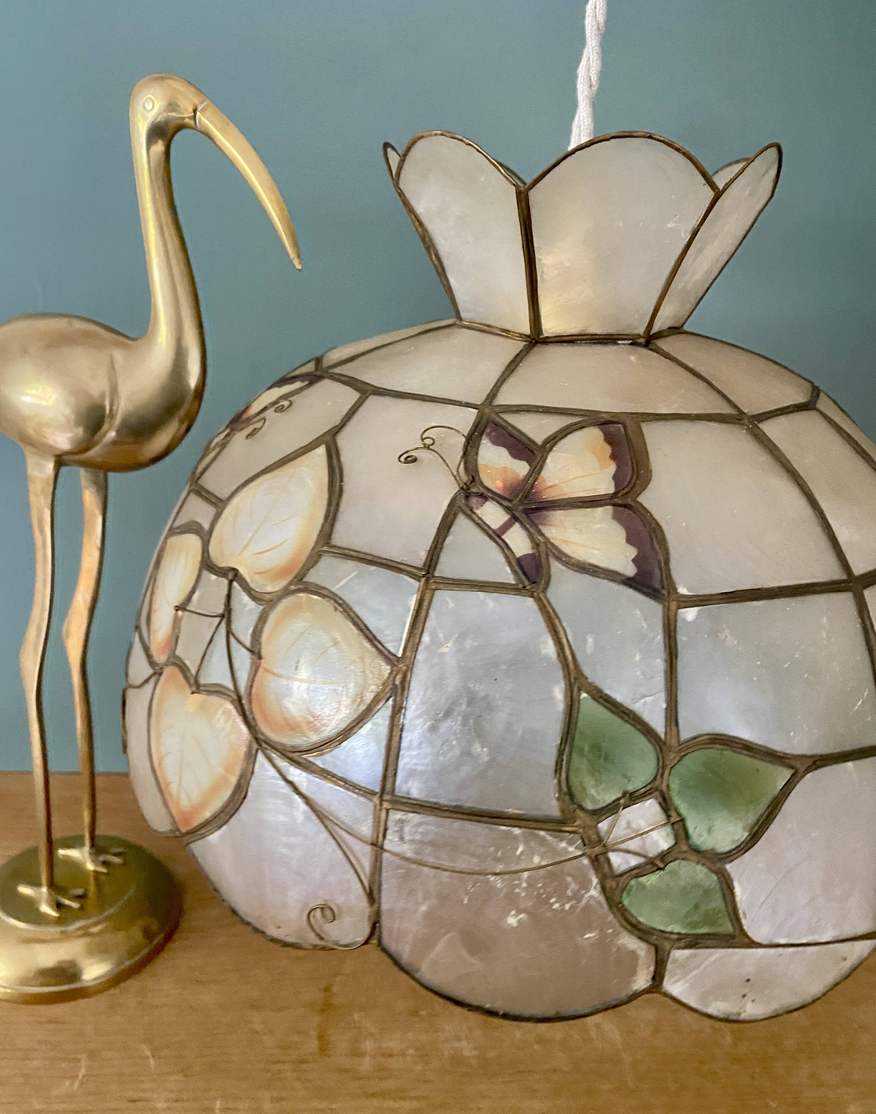 Vintage mother-of-pearl and brass lampshade pendant with flower and butterfly decorations