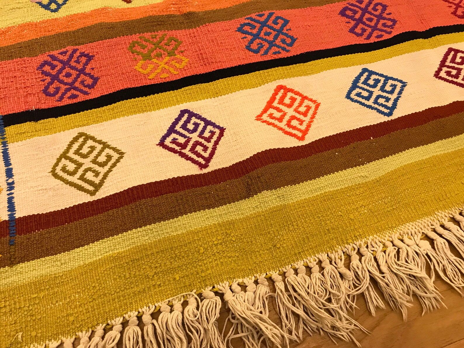Colorful runner rug, handmade turkish kilim rug with ethnic patterns