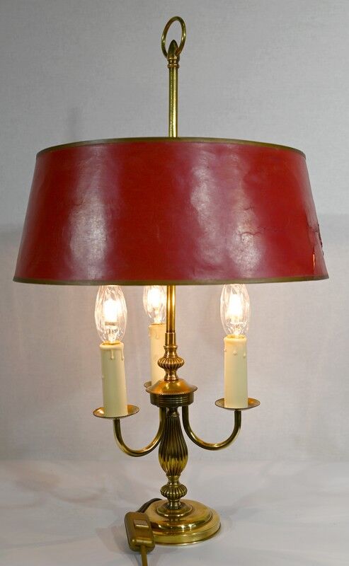 Brass bouillotte lamp with red lampshade, Louis XVI – XXth style