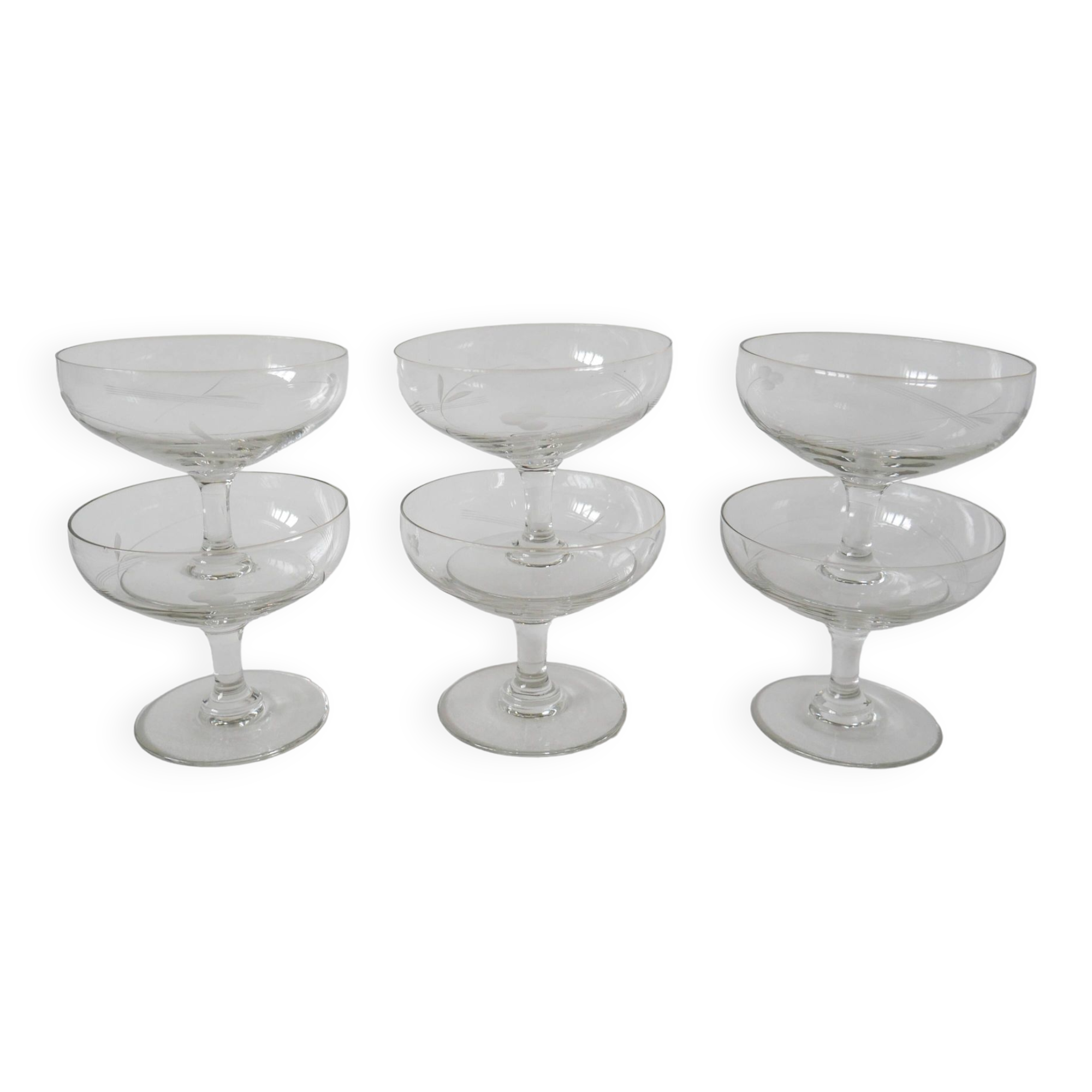 Set of 6 engraved crystal champagne glasses 1960