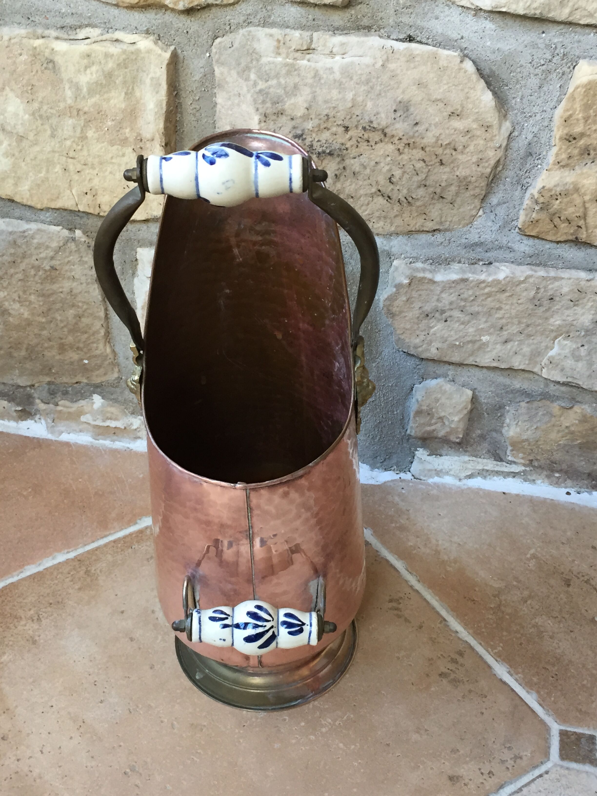 Pink hammered copper coal bucket and porcelain handles