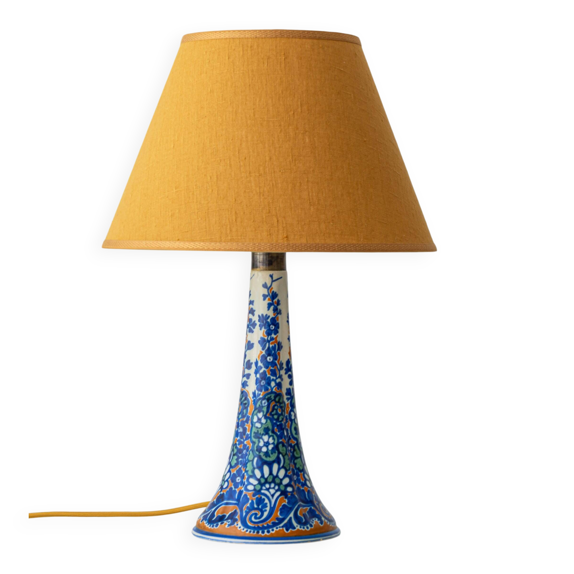 Antique Art Deco Gouda Pottery Table Lamp, c. 1910-35, New Ochre Linen Shade