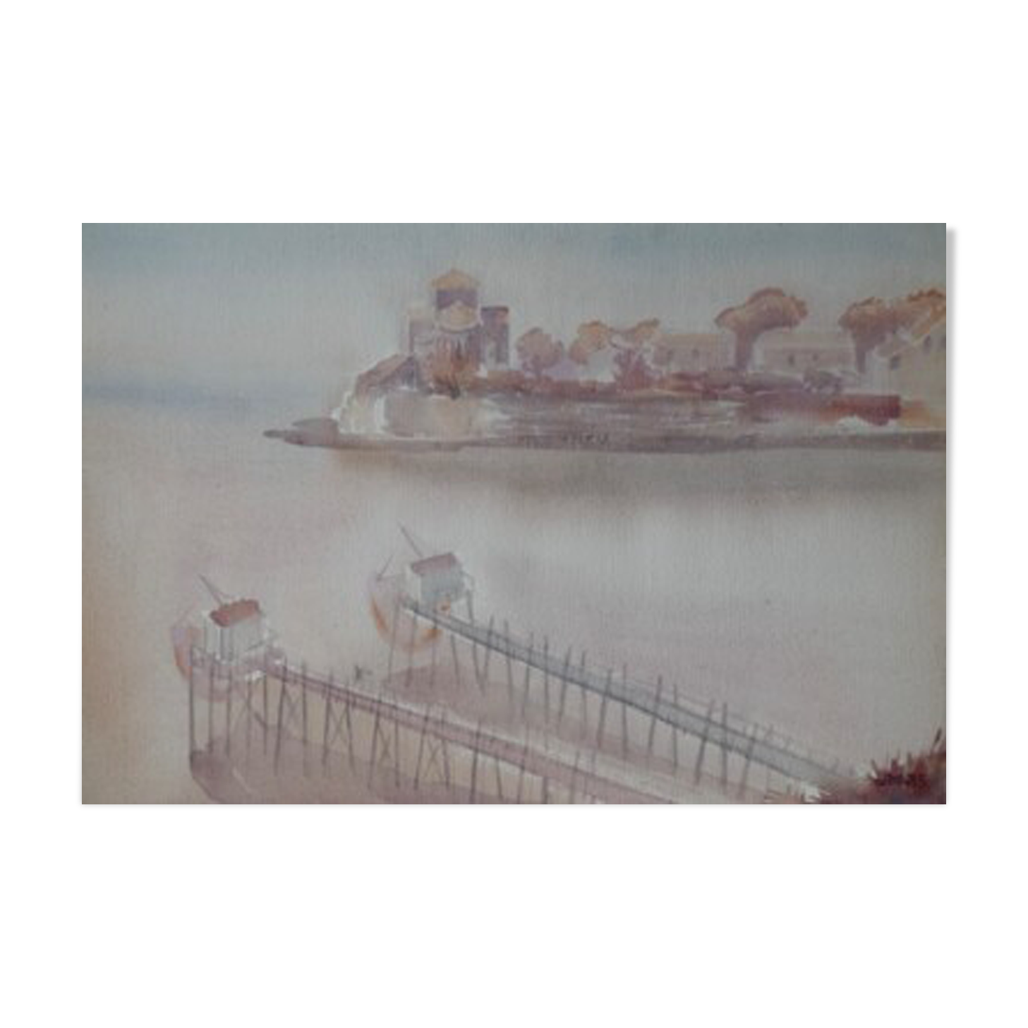 Watercolor Talmont, the fishing huts and the church