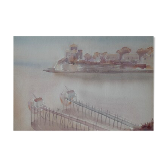 Watercolor Talmont, the fishing huts and the church