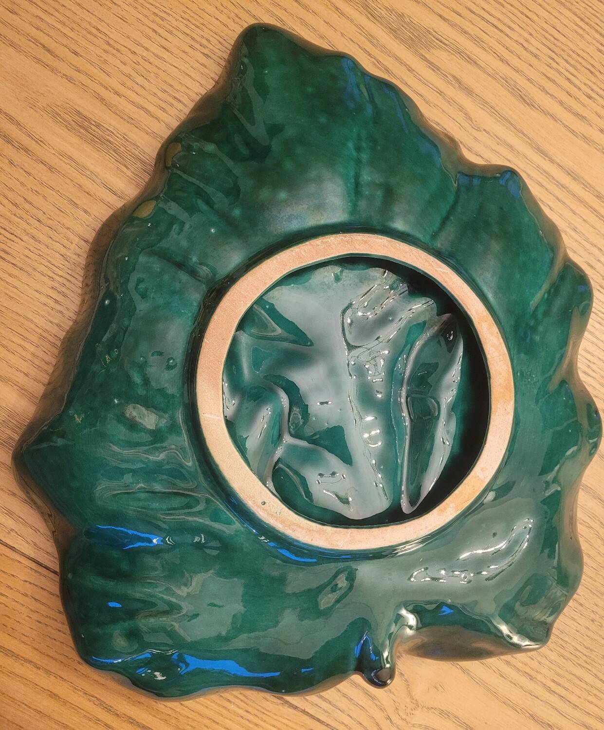 Large green enameled leaf dish