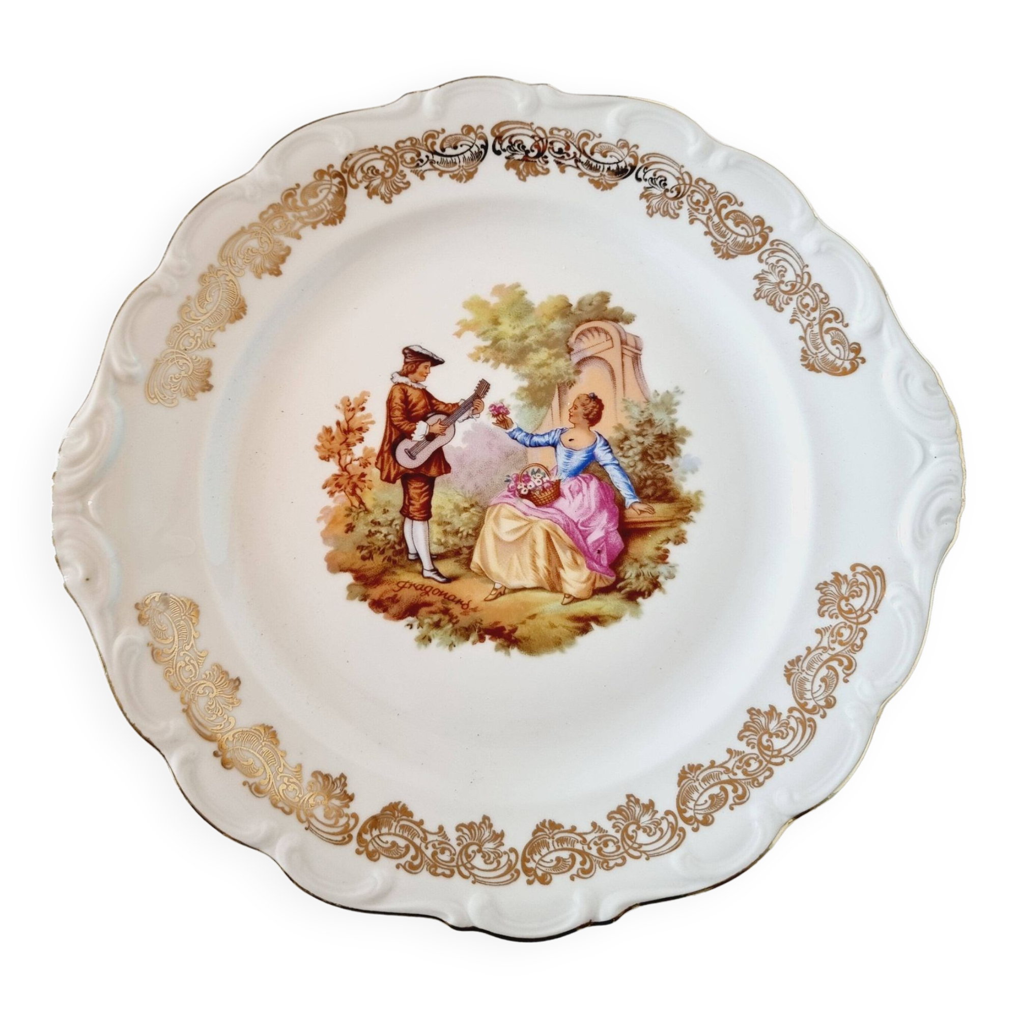Large serving plate with romantic Frangonard scene with 24 carat gold