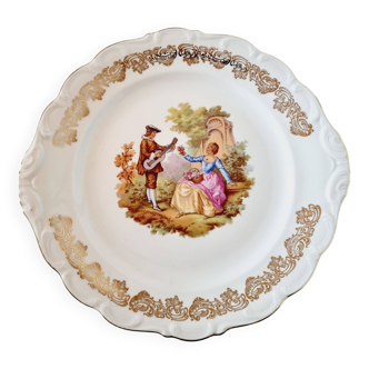 Large serving plate with romantic Frangonard scene with 24 carat gold