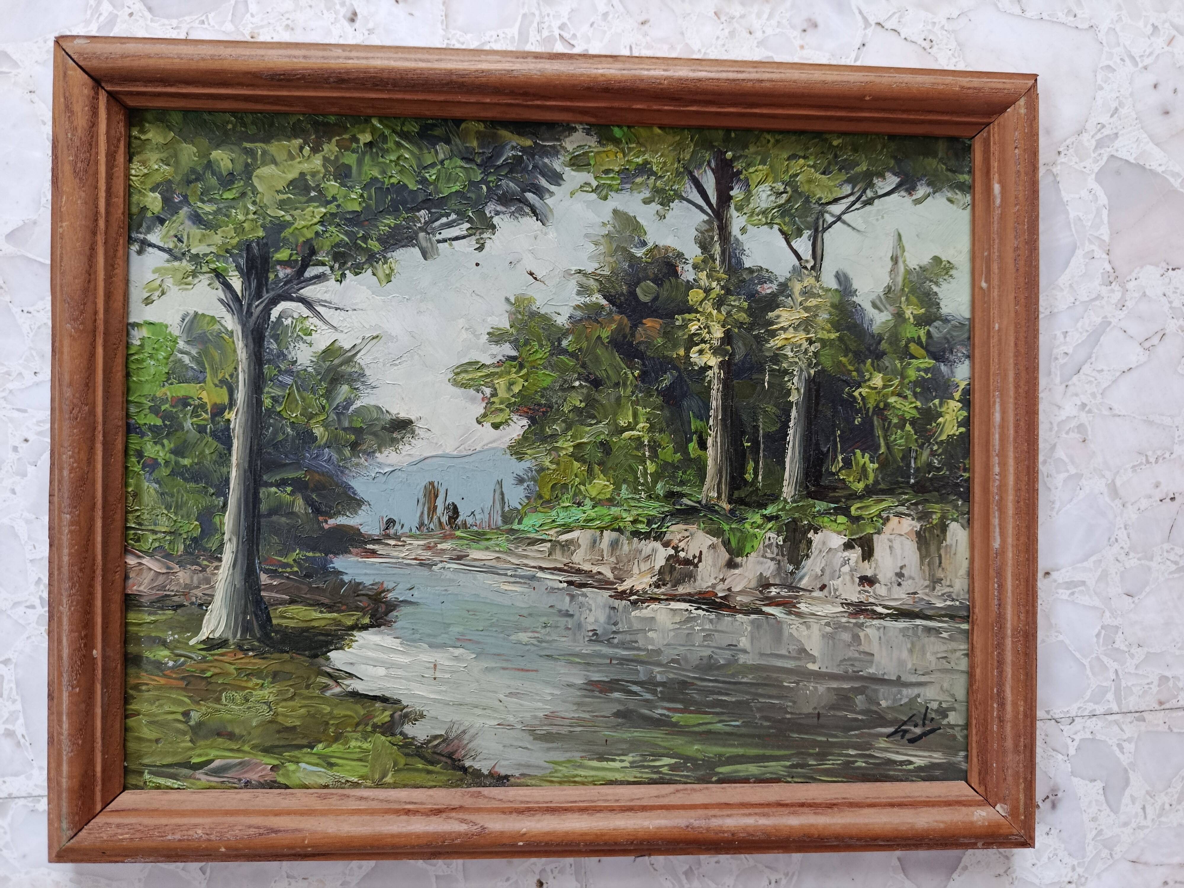OIL ON PANEL 20th CENTURY: LANDSCAPE river and forest, signed H.L or S.L., frame