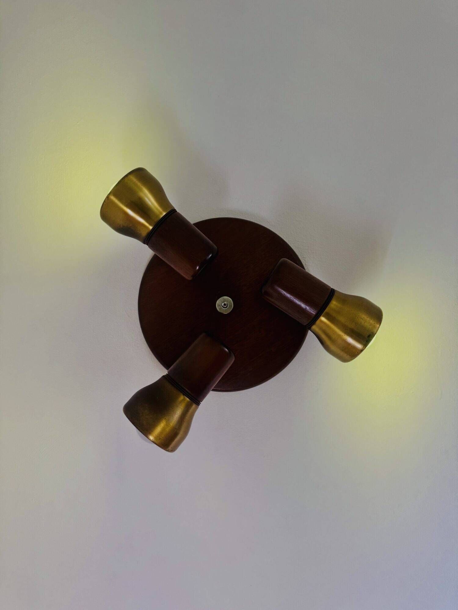 Model 837 Trio-Light Adjustable Ceiling Lamp In Wood And Brass By Temde Leuchten, Switzerland 1960S