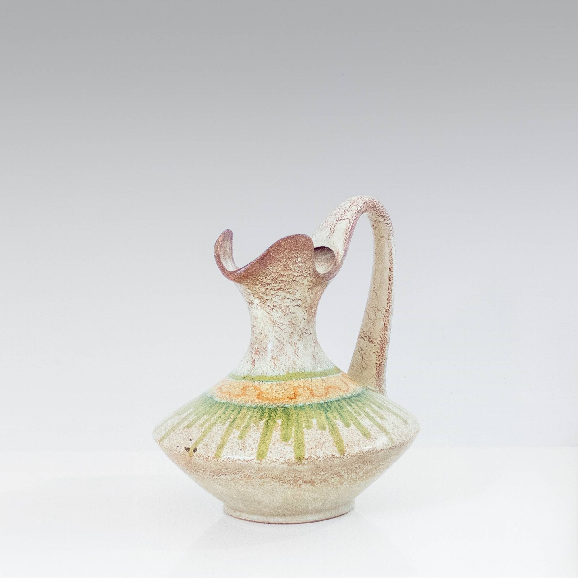 1960s Italian Modern Ceramic Jug, Beige and Green, Bertoncello Manufacturer