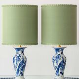 Pair of Chinese table lamps in Delft blue ceramic with new green silk shades.