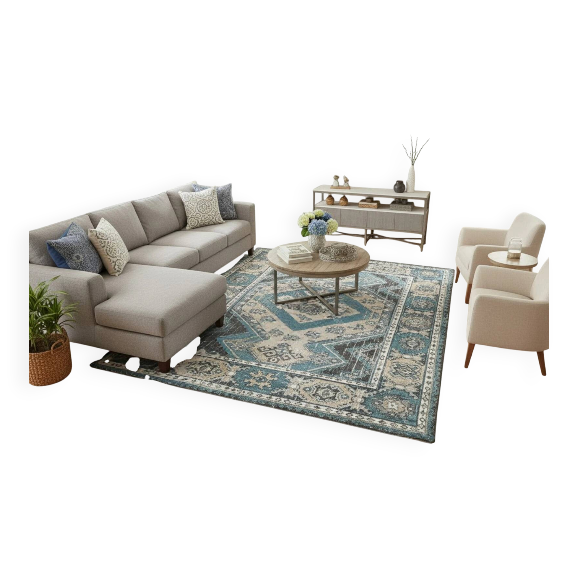 Bohemian Chic Rug in Petrol Blue and Beige with Abstract Patterns