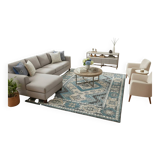 Bohemian Chic Rug in Petrol Blue and Beige with Abstract Patterns