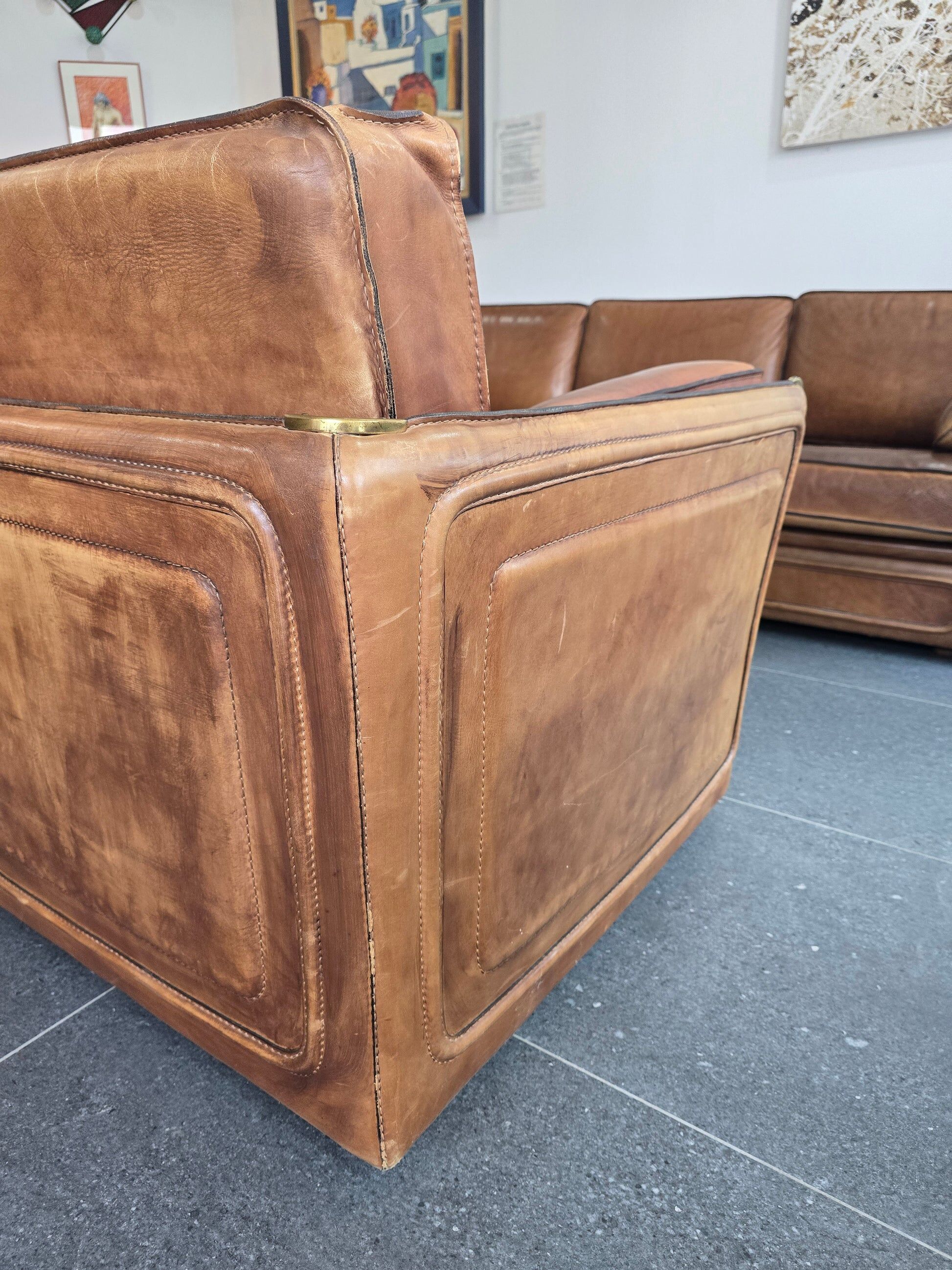 Roche Bobois vintage lounge from the 80s – cognac buffalo leather – 2 sofas + pouf