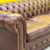 Original English Chesterfield 3-Seater Sofa – Handcrafted Brown Leather