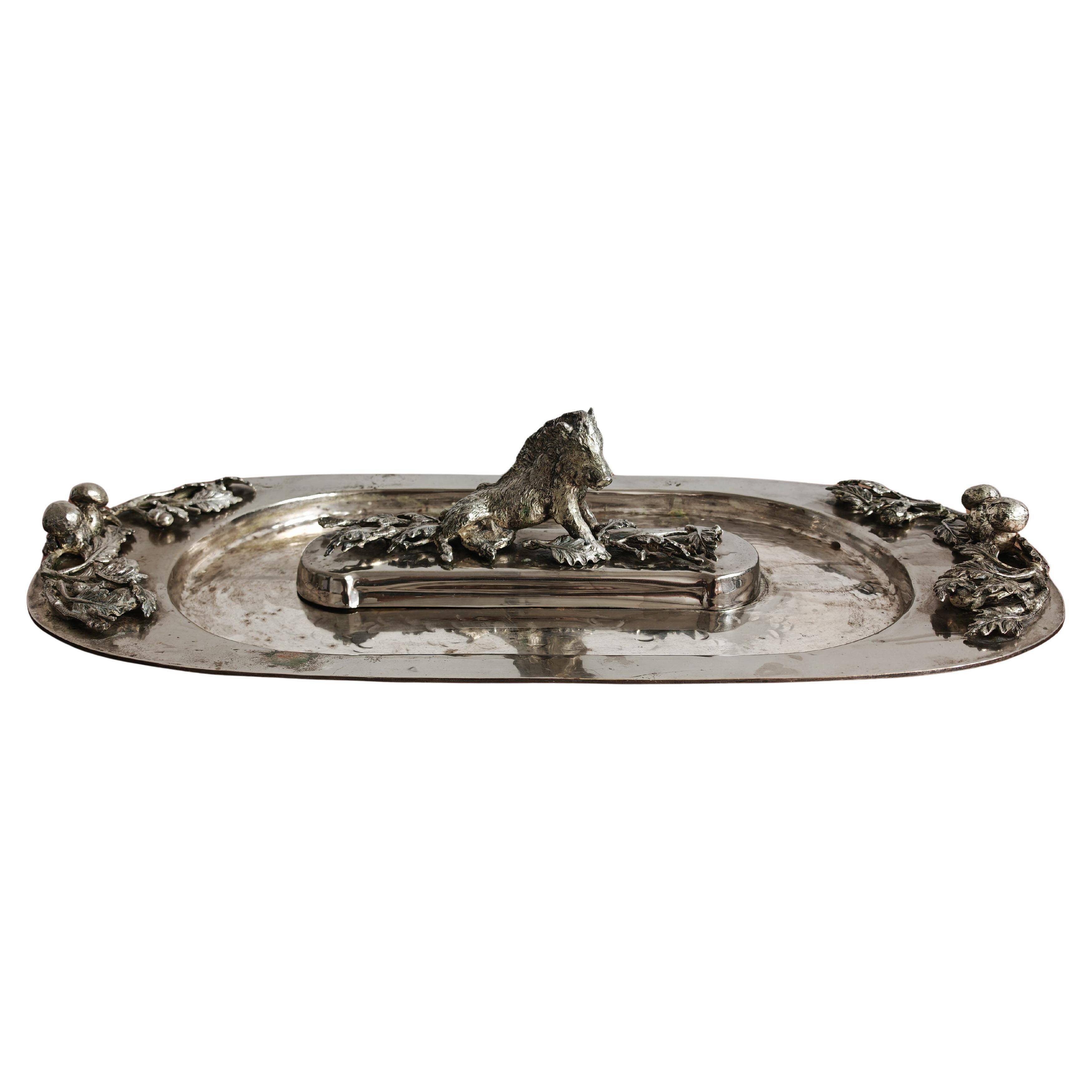Silver serving dish by Franco Lapini with boar sculpture.