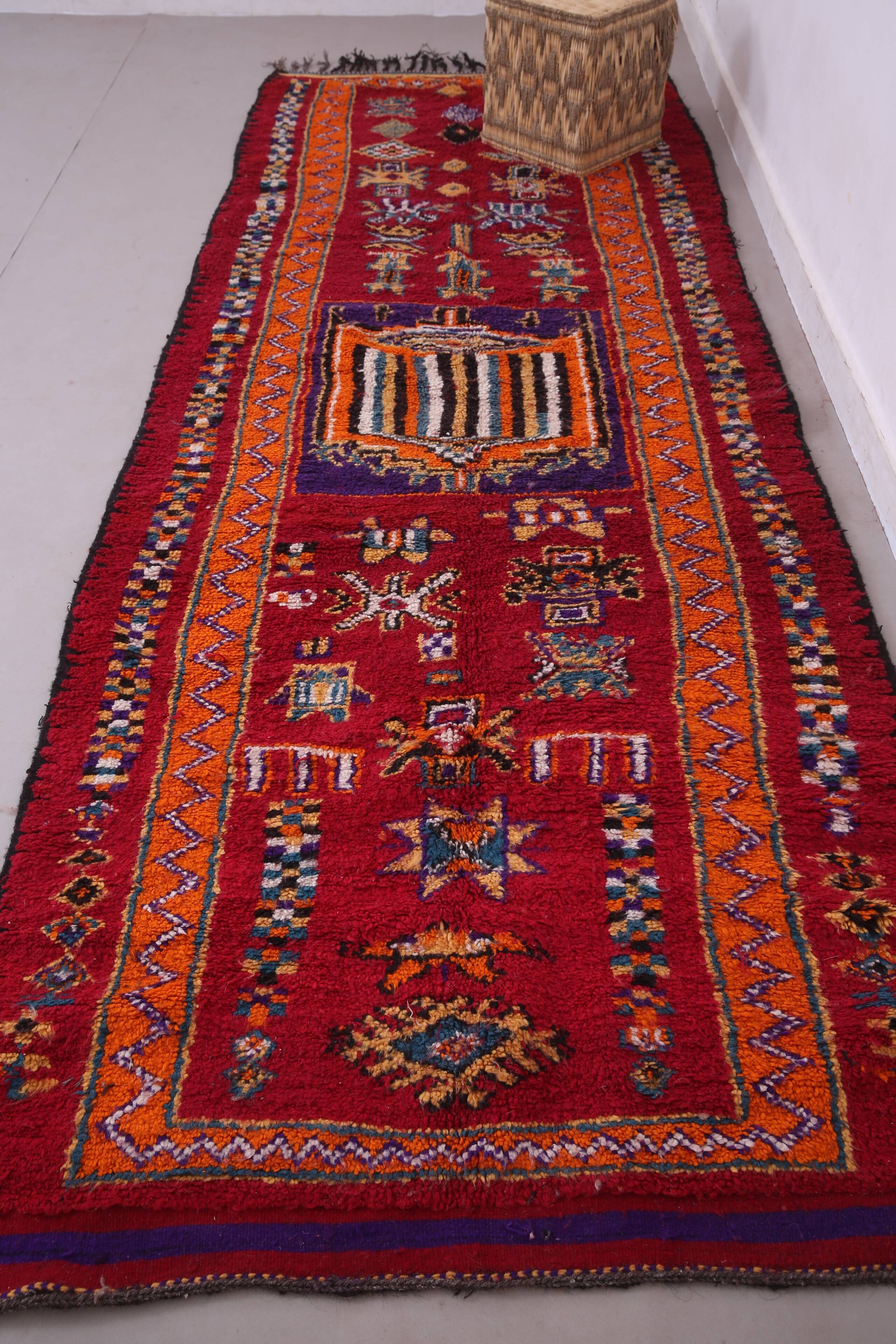 Red Vintage Moroccan Runner Rug 137 x 363 cm - Berber Wool Rug Hallway