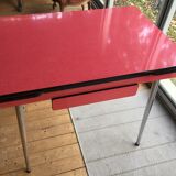 Table set and 2 vintage vintage pale red formica chairs