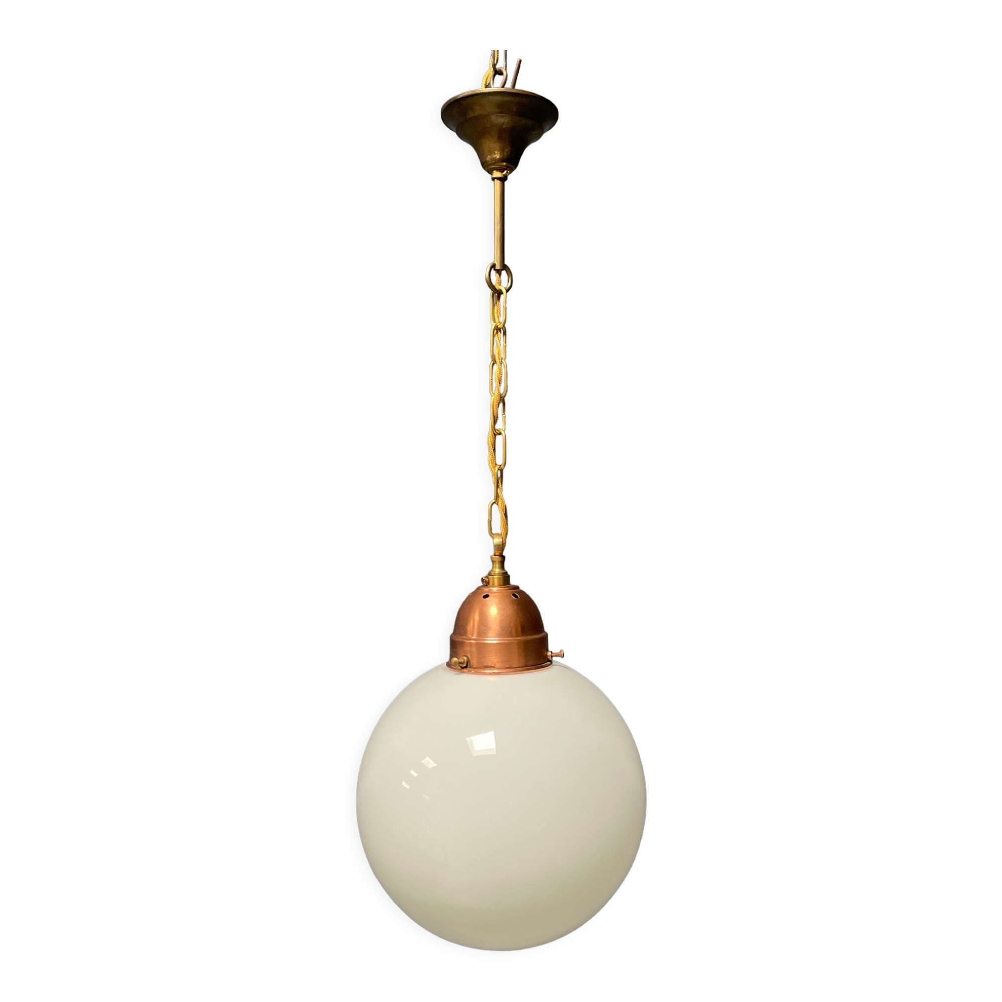 Opaline glass ball hanging lamp with copper fixture