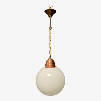 Opaline glass ball hanging lamp with copper fixture