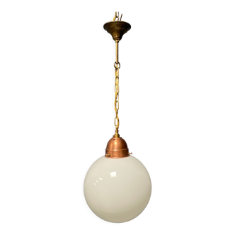 Opaline glass ball hanging lamp with copper fixture