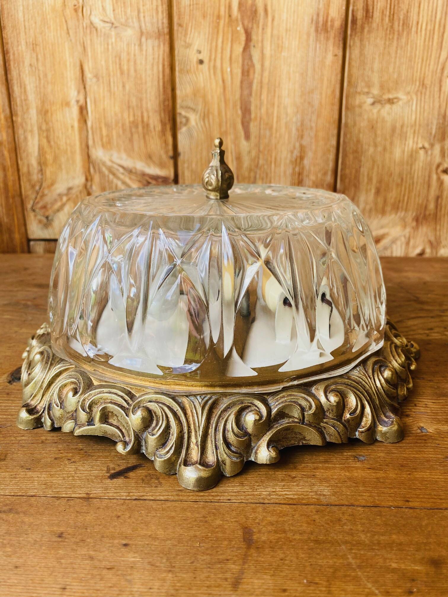 Glass and chiseled bronze ceiling light from the 50s/60s