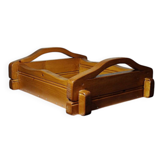 Solid wood tray with handles, handcrafted, rustic style, 1960s-70s.