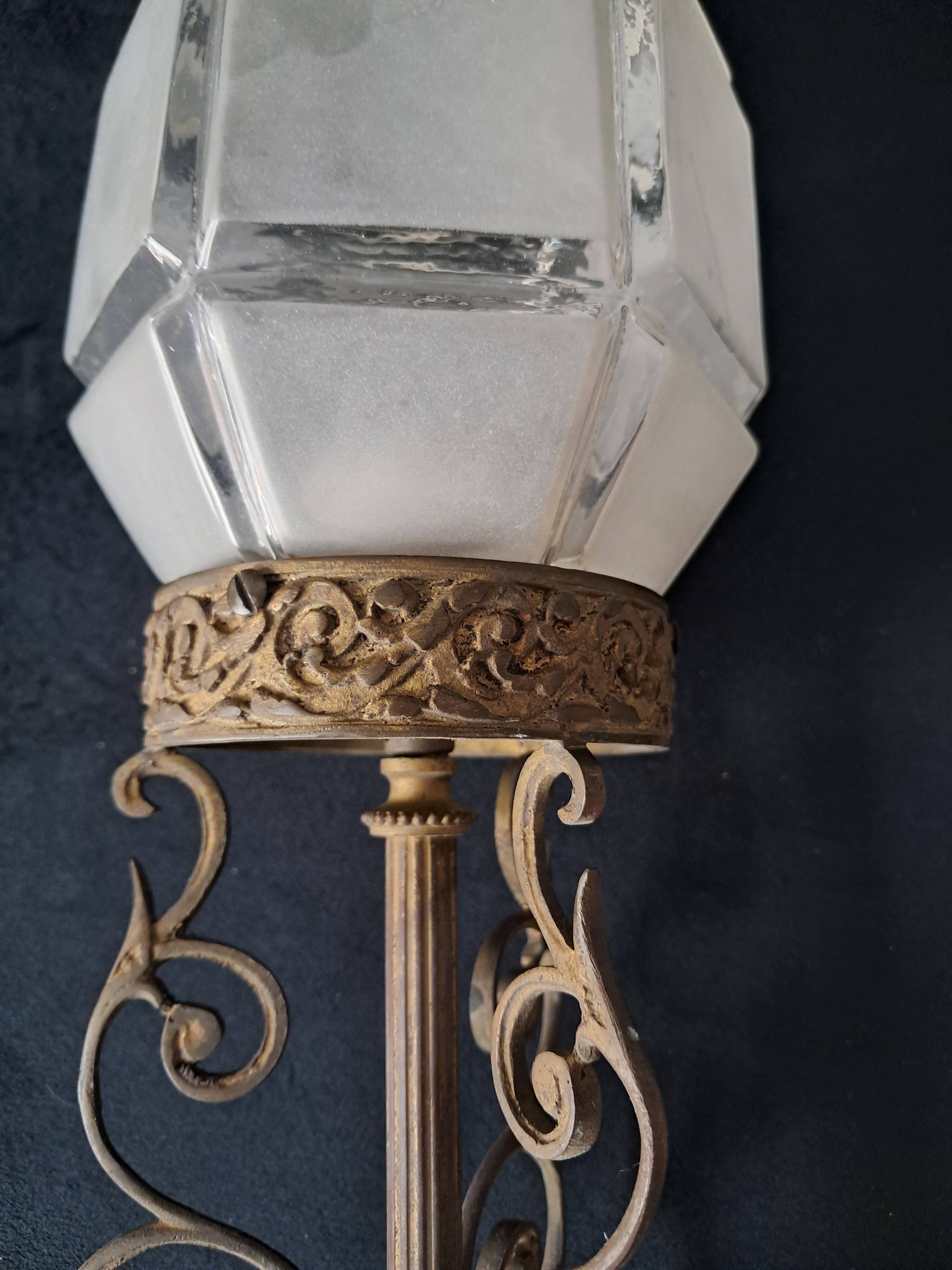 Art Deco Metal Pendant Lamp with Frosted Glass Globe