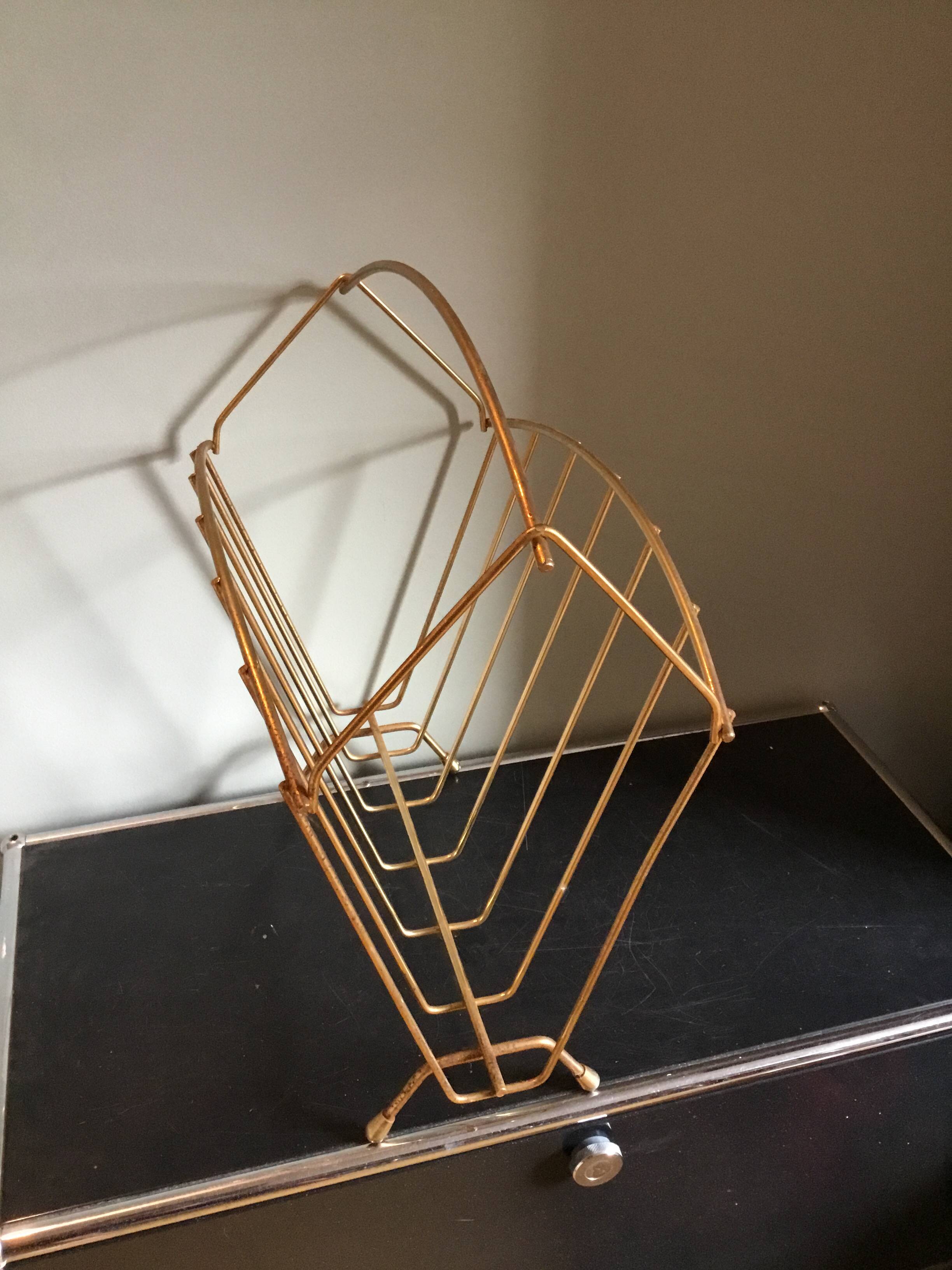 brass magazine rack, 1970s, gold-plated