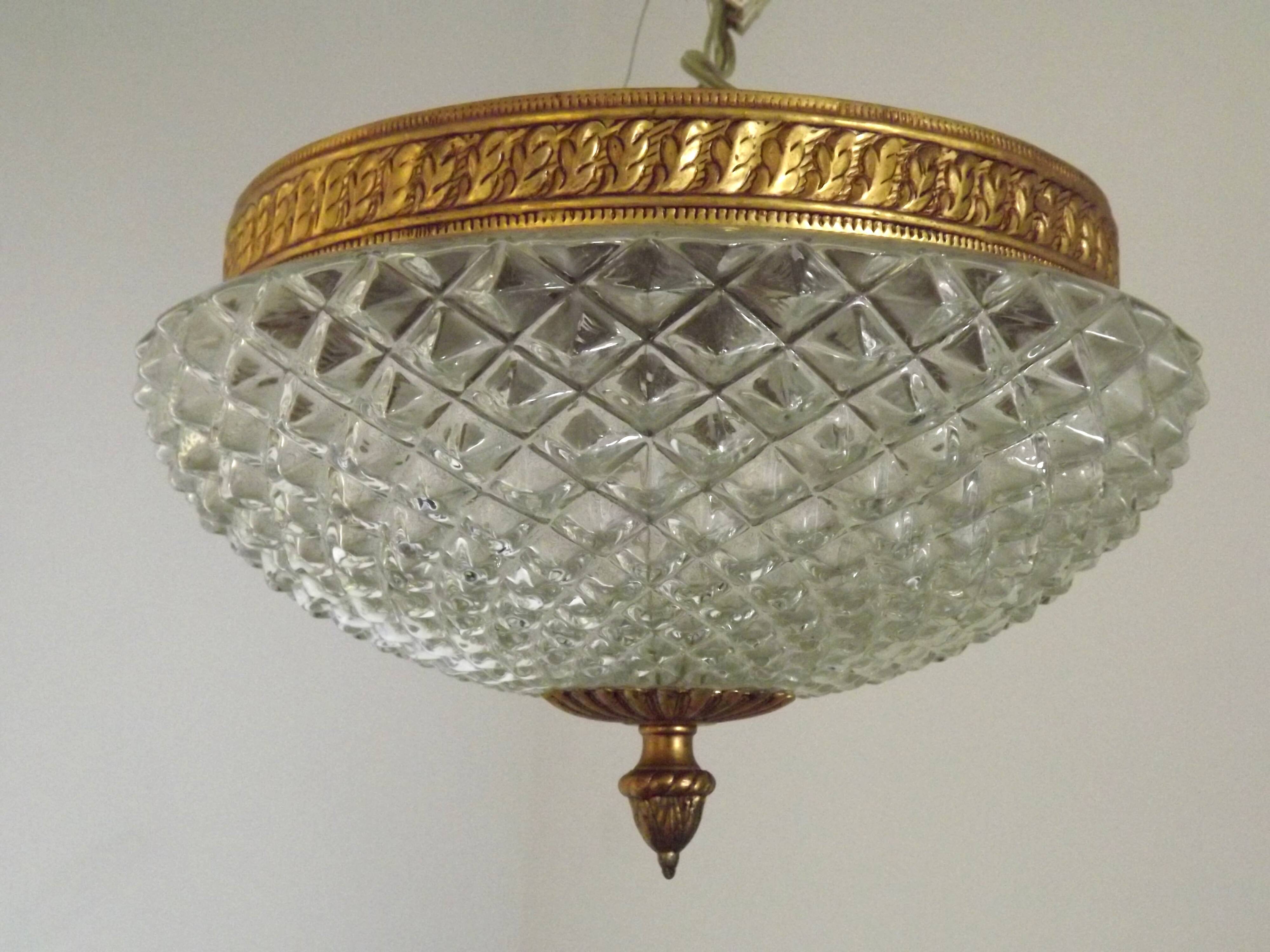Brass and crystal diamond point ceiling light, France
