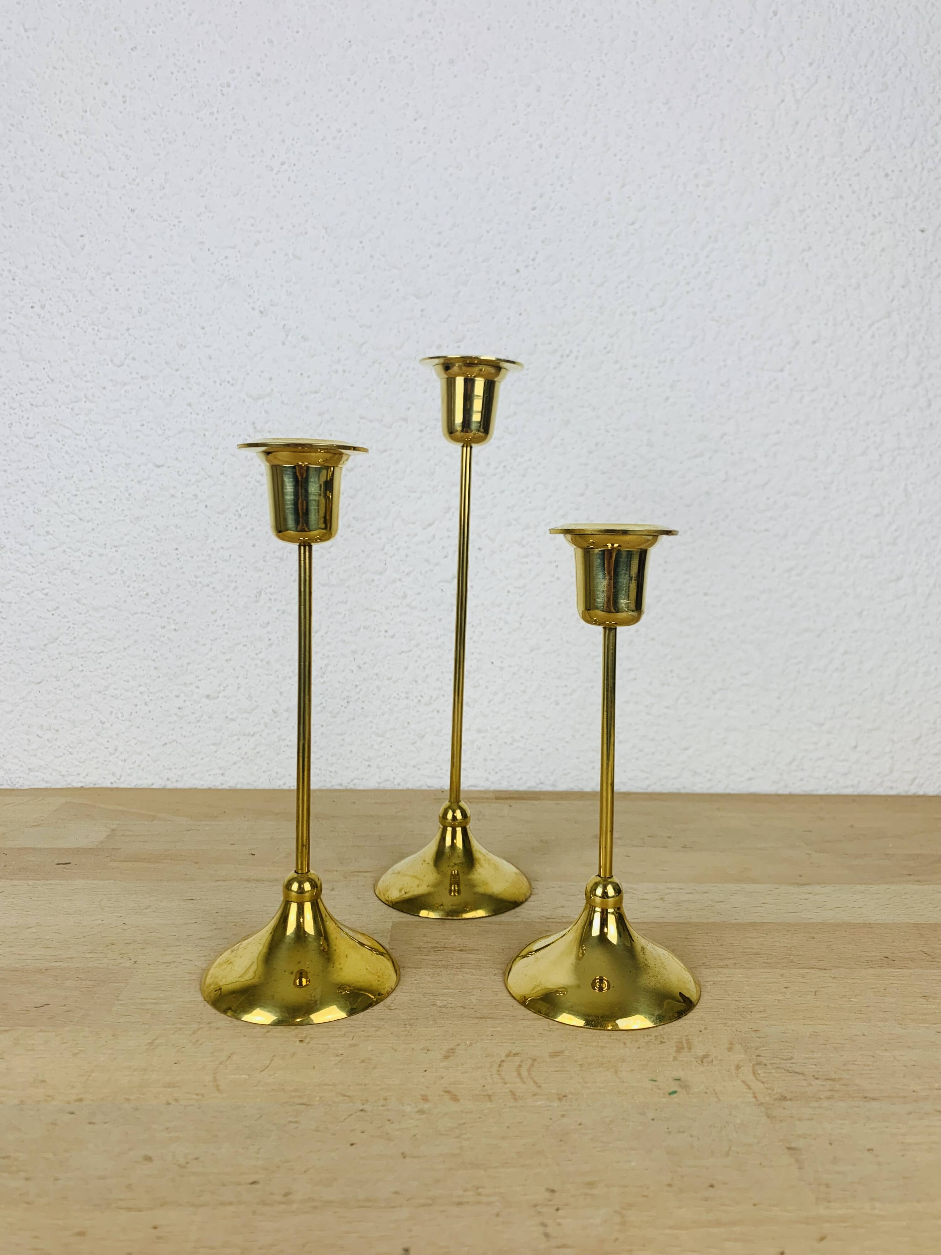 3 Scandinavian style gold-plated brass candle holders
