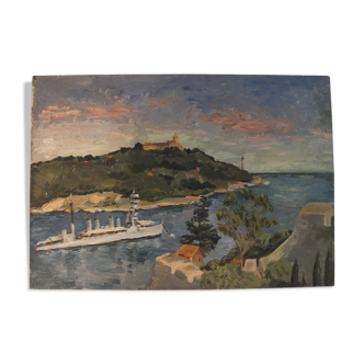 Oil on cardboard painting - Bay of Villefranche sur Mer 1938
