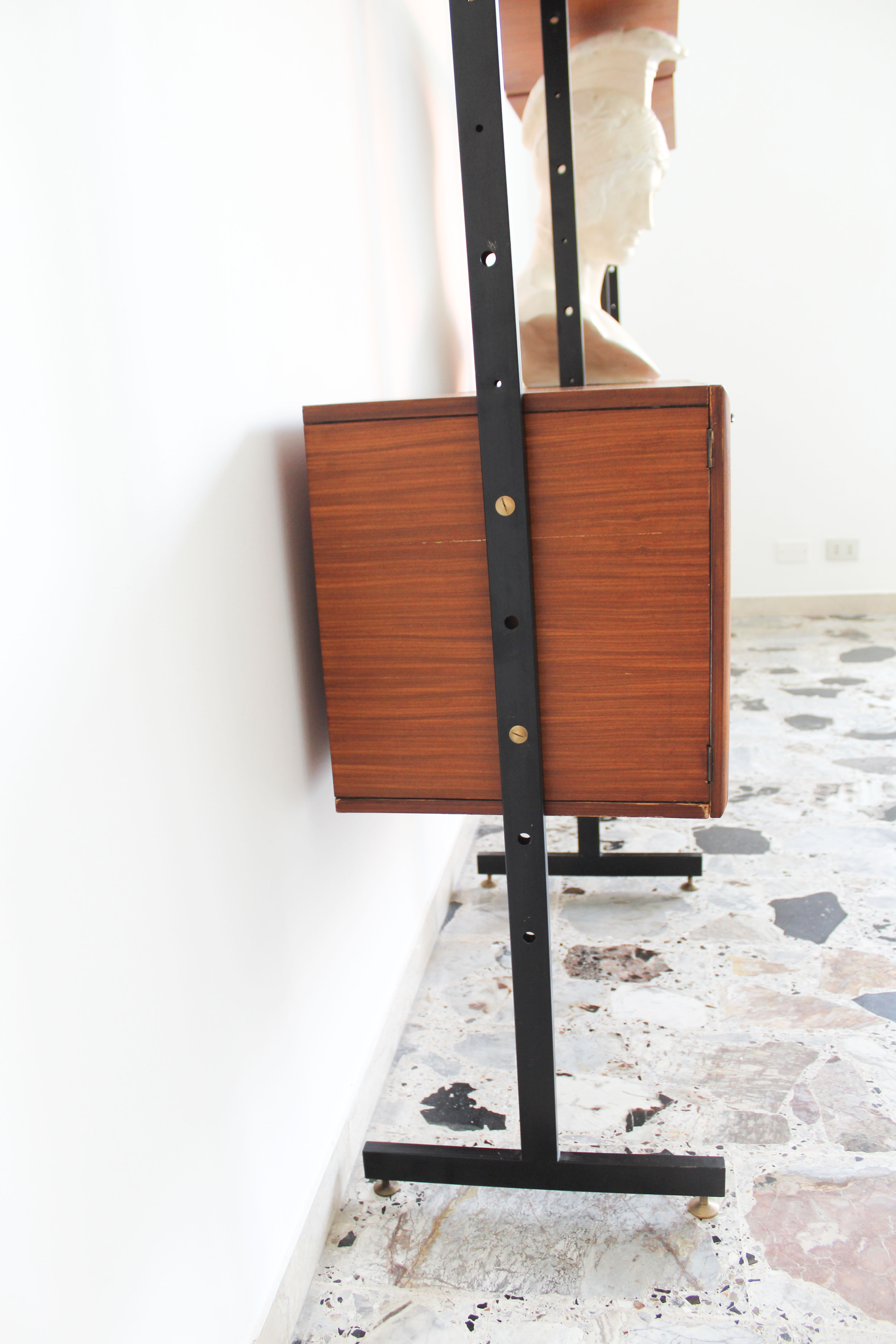 Bookcase in slab wood and black metal, Italy 50s