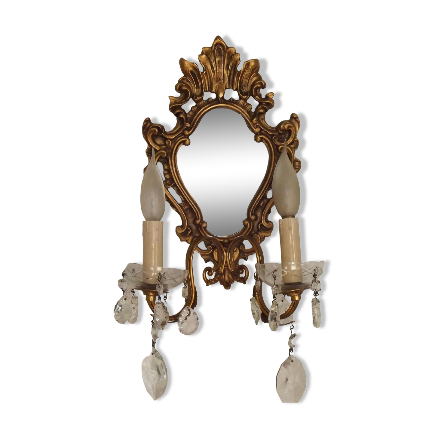 French Antique Gilt Bronze Double Light Crystal Mirrored Wall Sconce 4806
