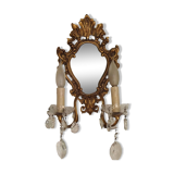 French Antique Gilt Bronze Double Light Crystal Mirrored Wall Sconce 4806