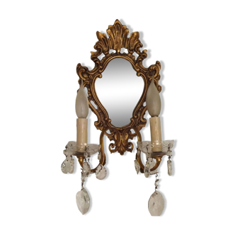 French Antique Gilt Bronze Double Light Crystal Mirrored Wall Sconce 4806